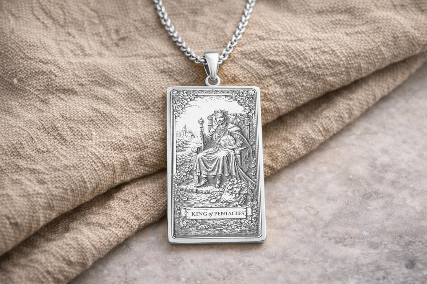 King of Pentacles Tarot Pendant Necklace: Symbol of Abundance, Stability, and Grounded Power