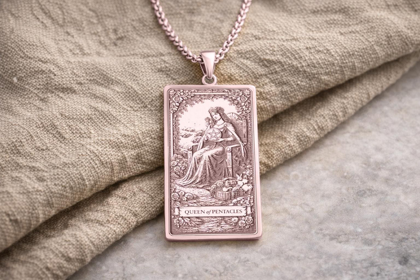 Queen of Pentacles Tarot Pendant Necklace: Symbol of Abundance, Nurturing Strength, and Earthly Balance