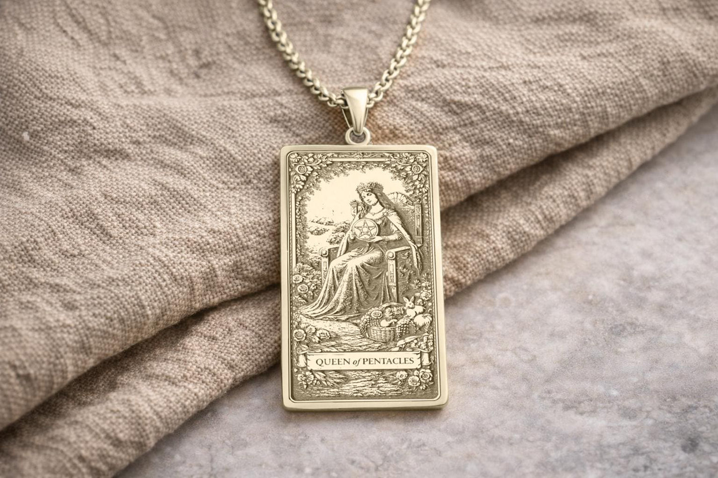 Queen of Pentacles Tarot Pendant Necklace: Symbol of Abundance, Nurturing Strength, and Earthly Balance