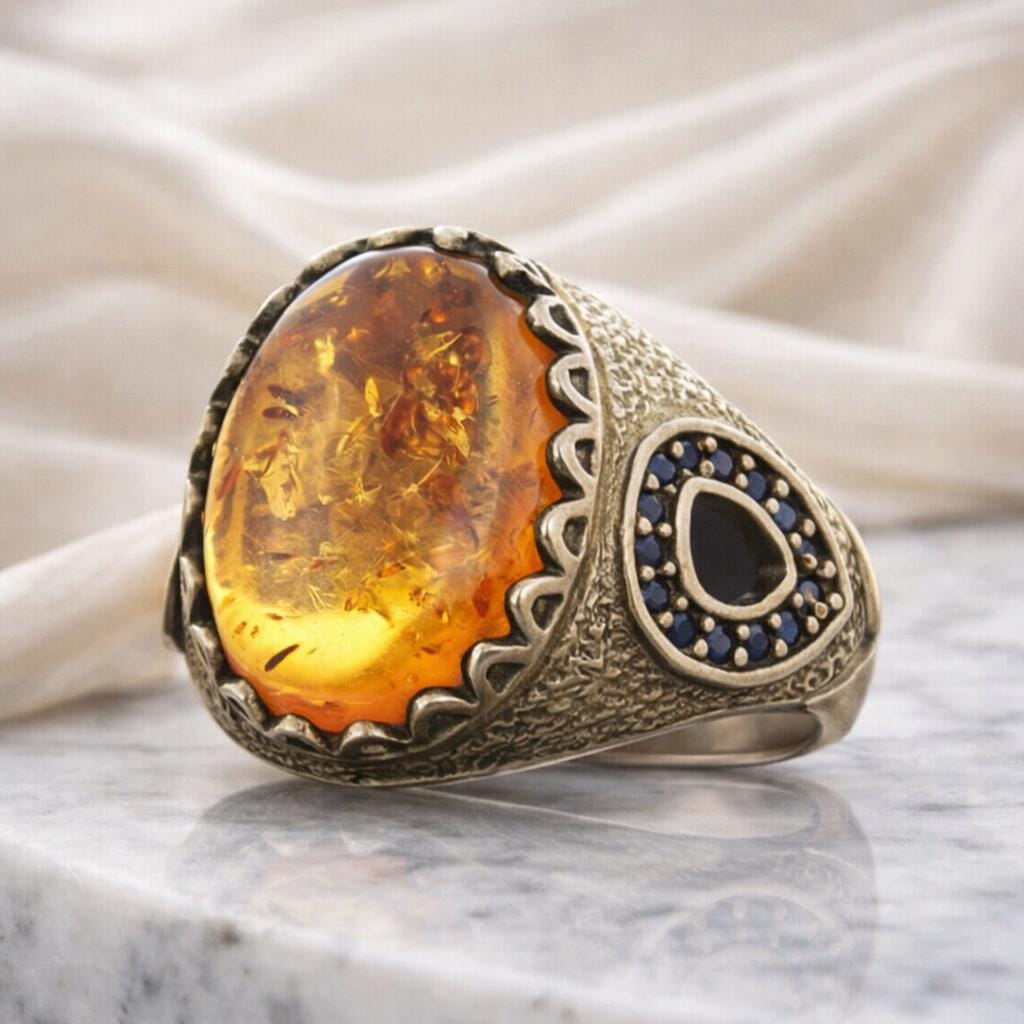 Amber Stone Silver Ring: Natural Gemstone Ring Symbolizing Warmth, Protection, and Balance