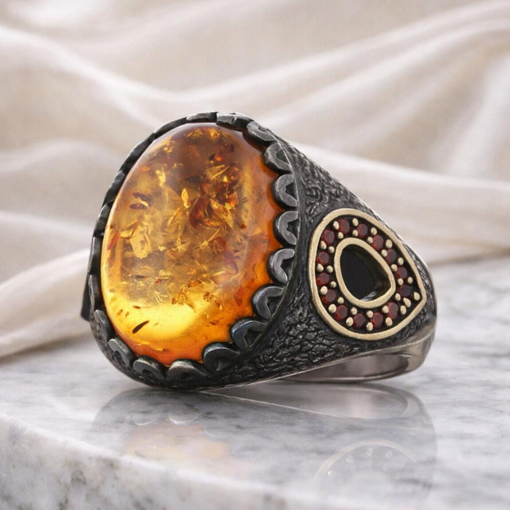 Amber Stone Silver Ring: Natural Gemstone Ring Symbolizing Warmth, Protection, and Balance