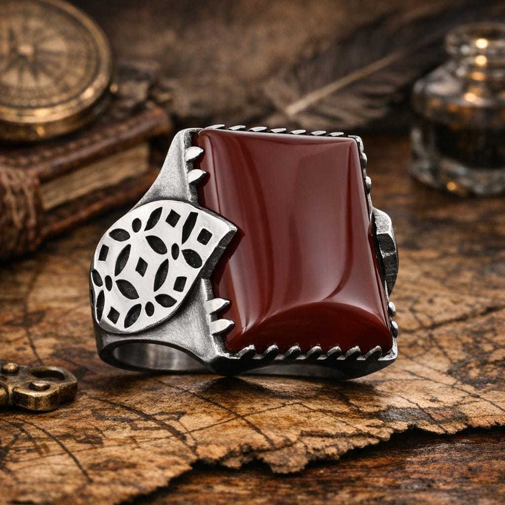 Aqeeq and Tiger Eye Stone, Leaf Motif Sterling Silver Ring