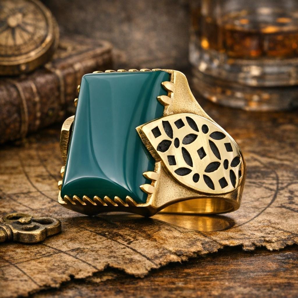 Aqeeq and Tiger Eye Stone, Leaf Motif Sterling Silver Ring