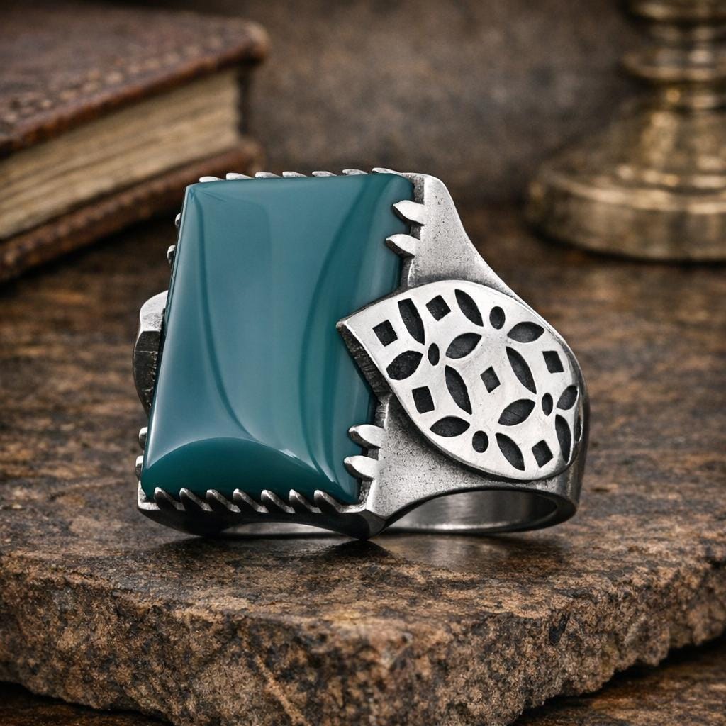 Aqeeq and Tiger Eye Stone, Leaf Motif Sterling Silver Ring