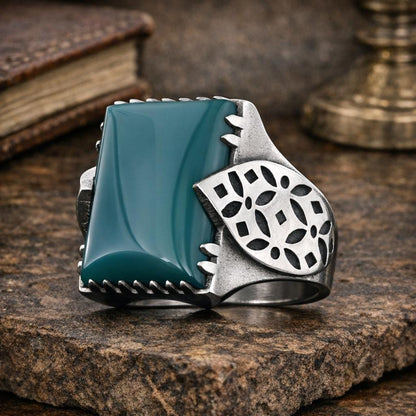 Aqeeq and Tiger Eye Stone, Leaf Motif Sterling Silver Ring