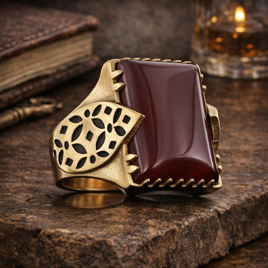 Aqeeq and Tiger Eye Stone, Leaf Motif Sterling Silver Ring