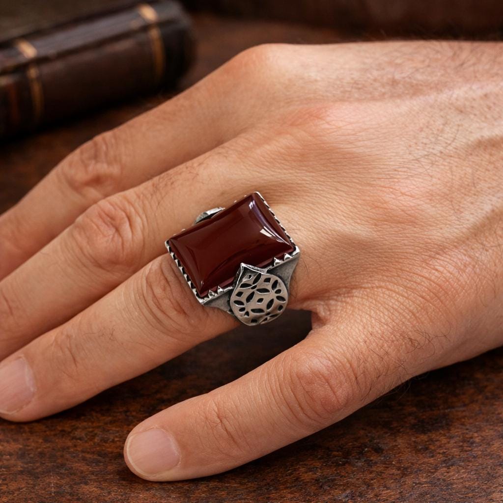 Aqeeq and Tiger Eye Stone, Leaf Motif Sterling Silver Ring