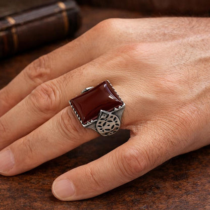 Aqeeq and Tiger Eye Stone, Leaf Motif Sterling Silver Ring