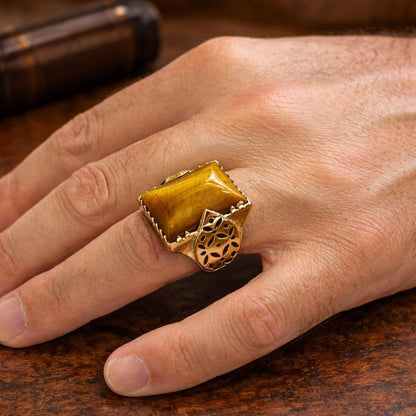 Aqeeq and Tiger Eye Stone, Leaf Motif Sterling Silver Ring