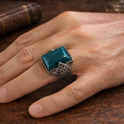 Aqeeq and Tiger Eye Stone, Leaf Motif Sterling Silver Ring