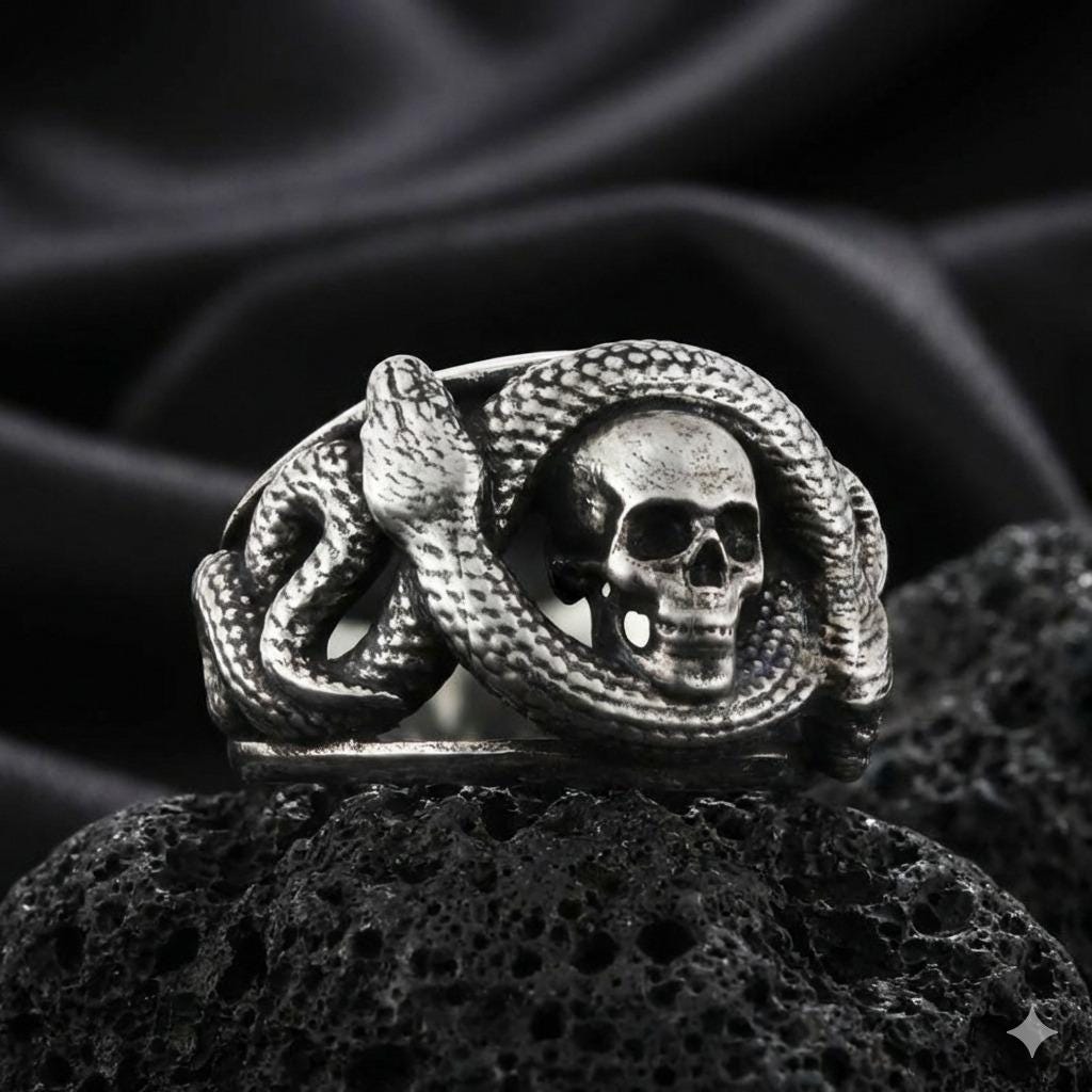 Skull and Snake Sterling Silver Ring: Gothic Symbol of Transformation and Rebirth