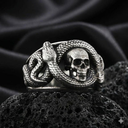 Skull and Snake Sterling Silver Ring: Gothic Symbol of Transformation and Rebirth