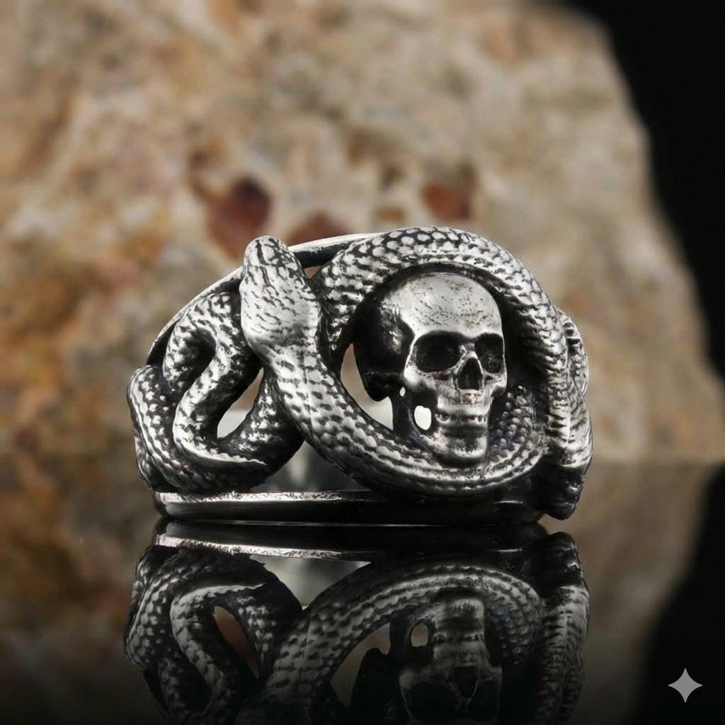 Skull and Snake Sterling Silver Ring: Gothic Symbol of Transformation and Rebirth