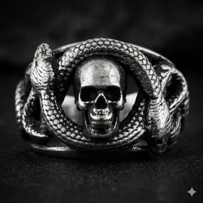 Skull and Snake Sterling Silver Ring: Gothic Symbol of Transformation and Rebirth