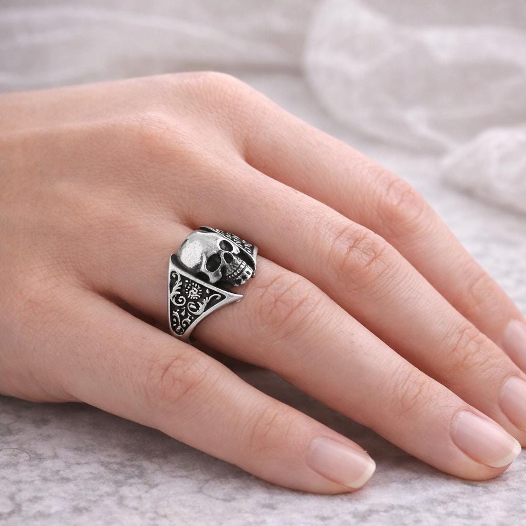Skull Motif Sterling Silver Ring: Gothic Symbol of Mortality and Bold Identity