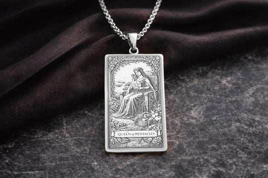Queen of Pentacles Tarot Pendant Necklace: Symbol of Abundance, Nurturing Strength, and Earthly Balance