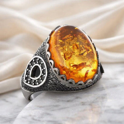 Amber Stone Silver Ring: Natural Gemstone Ring Symbolizing Warmth, Protection, and Balance