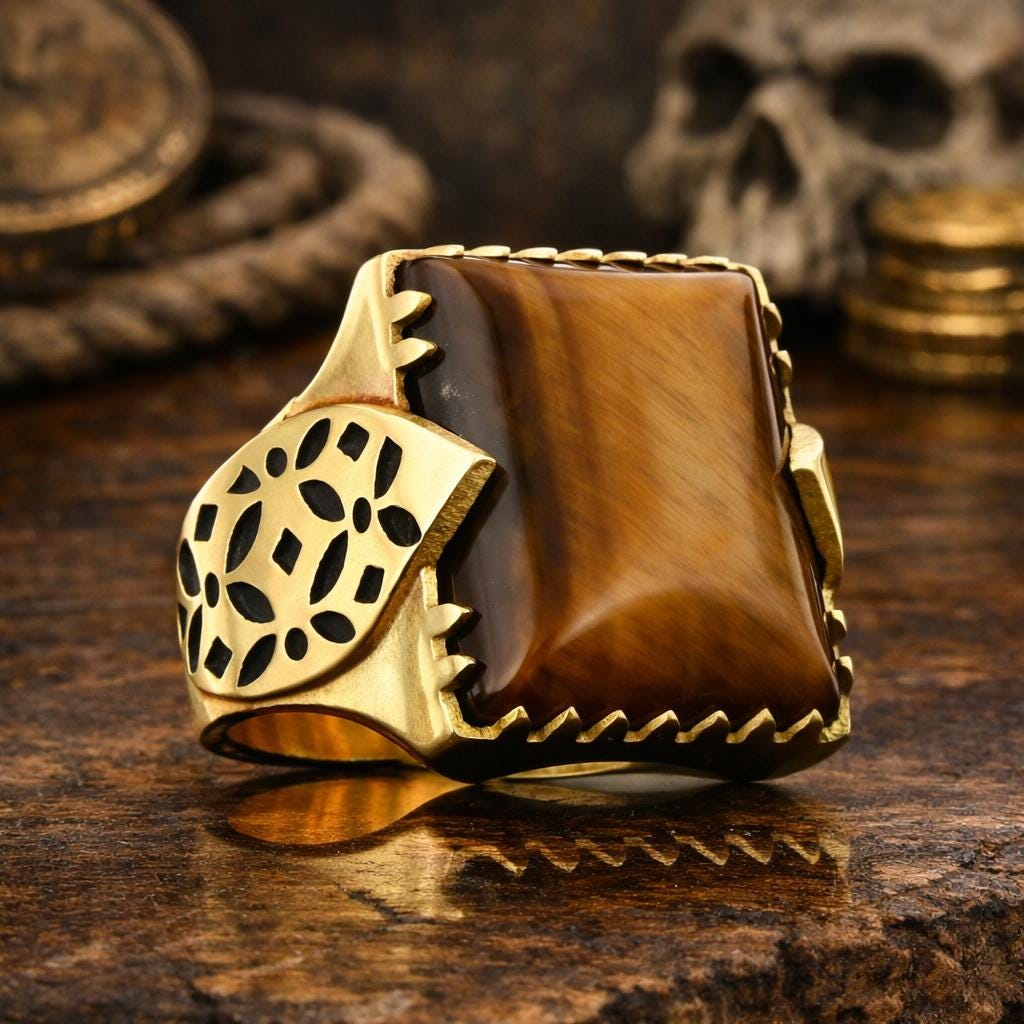 Aqeeq and Tiger Eye Stone, Leaf Motif Sterling Silver Ring