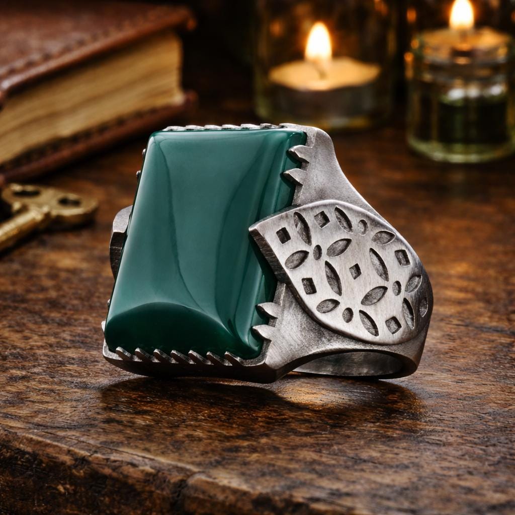 Aqeeq and Tiger Eye Stone, Leaf Motif Sterling Silver Ring