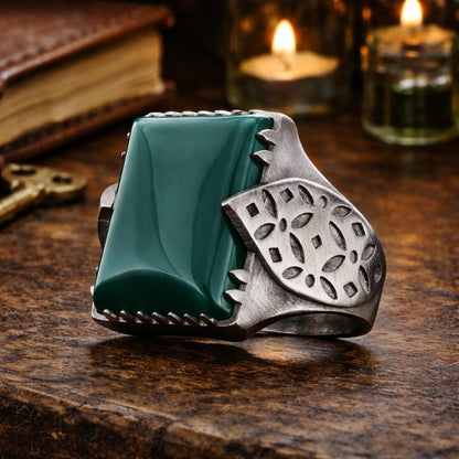Aqeeq and Tiger Eye Stone, Leaf Motif Sterling Silver Ring