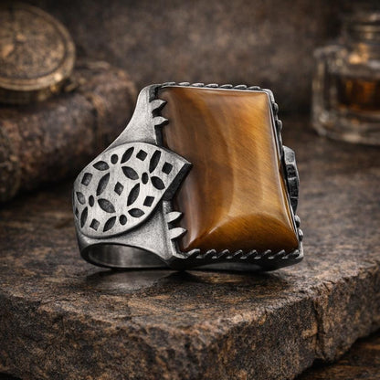 Aqeeq and Tiger Eye Stone, Leaf Motif Sterling Silver Ring