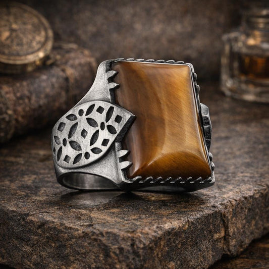 Aqeeq and Tiger Eye Stone, Leaf Motif Sterling Silver Ring