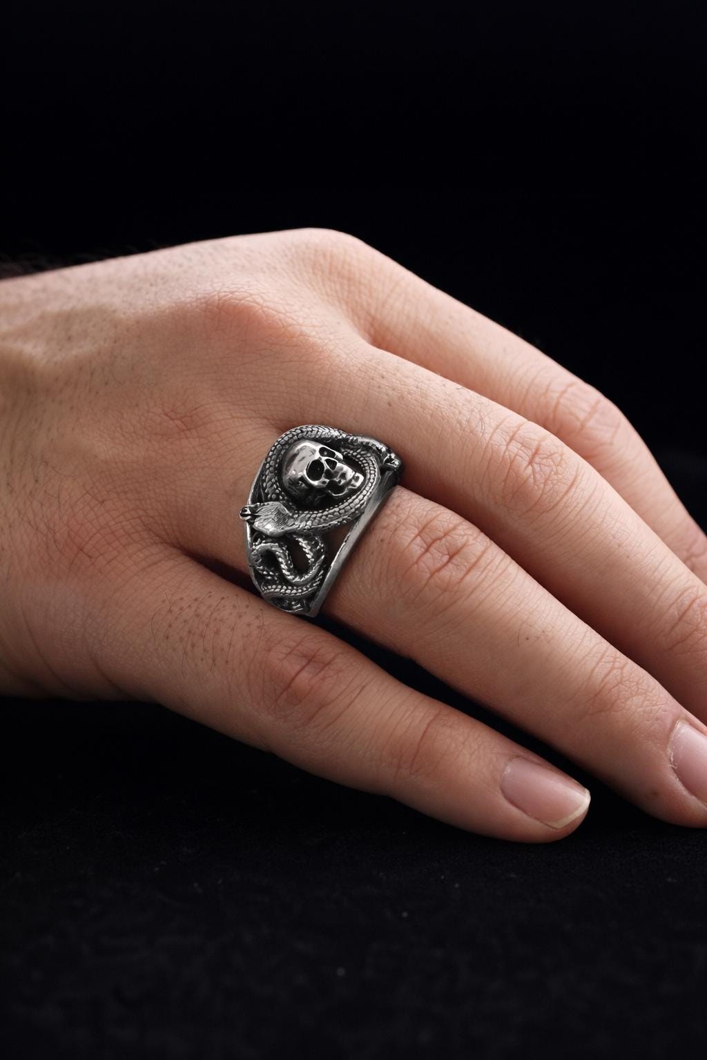 Skull and Snake Sterling Silver Ring: Gothic Symbol of Transformation and Rebirth