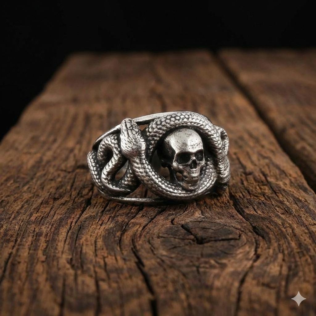 Skull and Snake Sterling Silver Ring: Gothic Symbol of Transformation and Rebirth