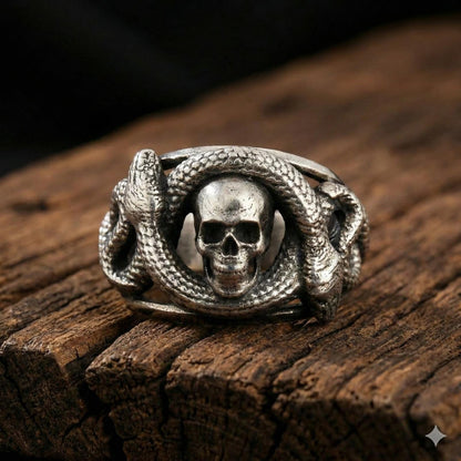 Skull and Snake Sterling Silver Ring: Gothic Symbol of Transformation and Rebirth